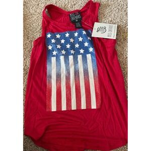 Miss Chievous Red American Flag Glitter Racerback Tank Top USA Patriotic Med NWT